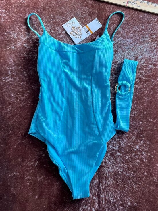 Becca Monte Carlo Belted Rib One Piece Swimsuit Bright Oasis Blue Small - Picture 4 of 16